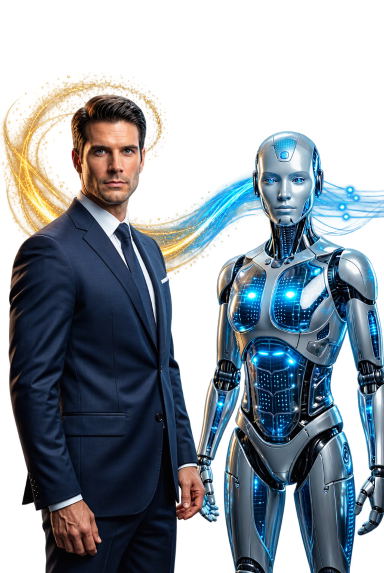 A business leader standing alongside an AI humanoid in front of data dashboards — human expertise working with artificial intelligence.